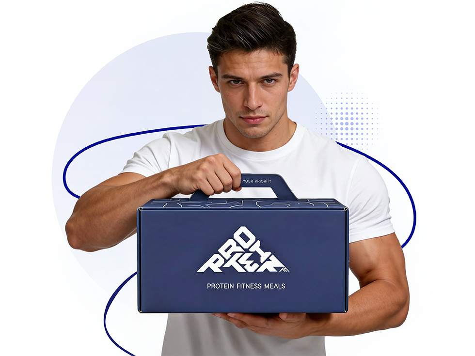 A man carrying a Protein Fitness Meals delivery box