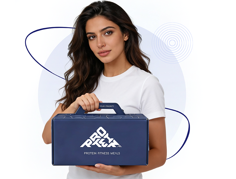 A woman carrying a Protein Fitness Meals delivery box