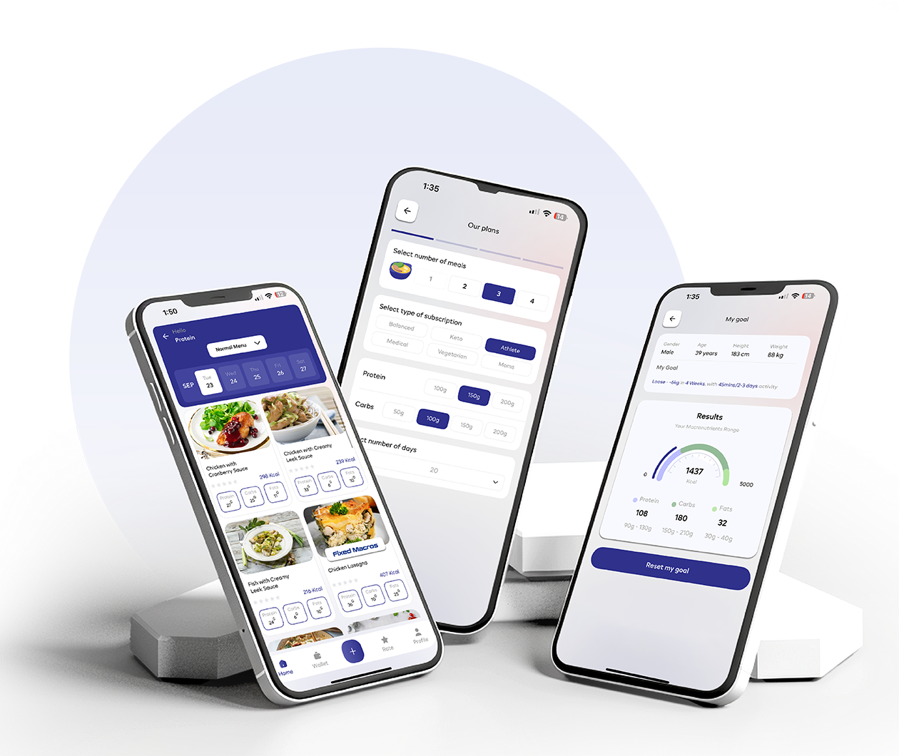 The Protein app on three phones: choosing meals, setting up a subscription, and the calorie results screen