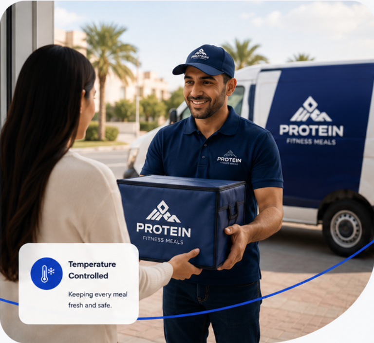 A Protein driver handing an insulated meal box to a customer beside the delivery van