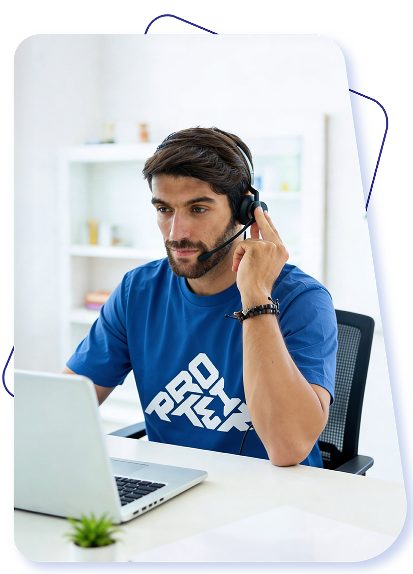 A Protein customer service colleague at a desk wearing a headset